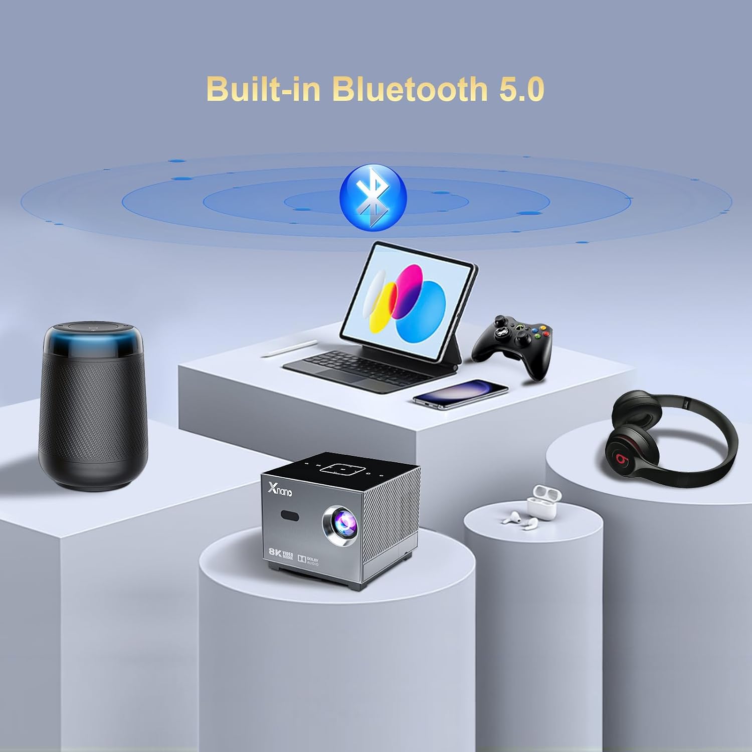 XNANO Netflix-Authorized 4K Support Smart Projector – Full HD 1080P Home Theater with WiFi 6, Bluetooth 5.0, Electric Focus, AI Voice Remote, RGB Ambient Light, 300 ANSI, 4P Keystone, Dual Stereo Speakers