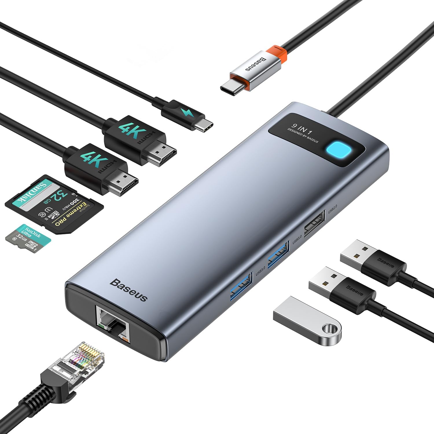 Baseus 9-in-1 USB C Laptop Docking Station – Dual 4K HDMI, 1000Mbps Ethernet, 85W PD, SD Reader, USB 3.0, for MacBook, Dell, HP, iPhone 15, Steam Deck & More