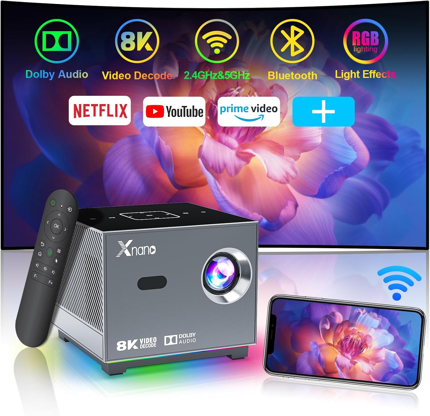 XNANO Netflix-Authorized 4K Support Smart Projector – Full HD 1080P Home Theater with WiFi 6, Bluetooth 5.0, Electric Focus, AI Voice Remote, RGB Ambient Light, 300 ANSI, 4P Keystone, Dual Stereo Speakers