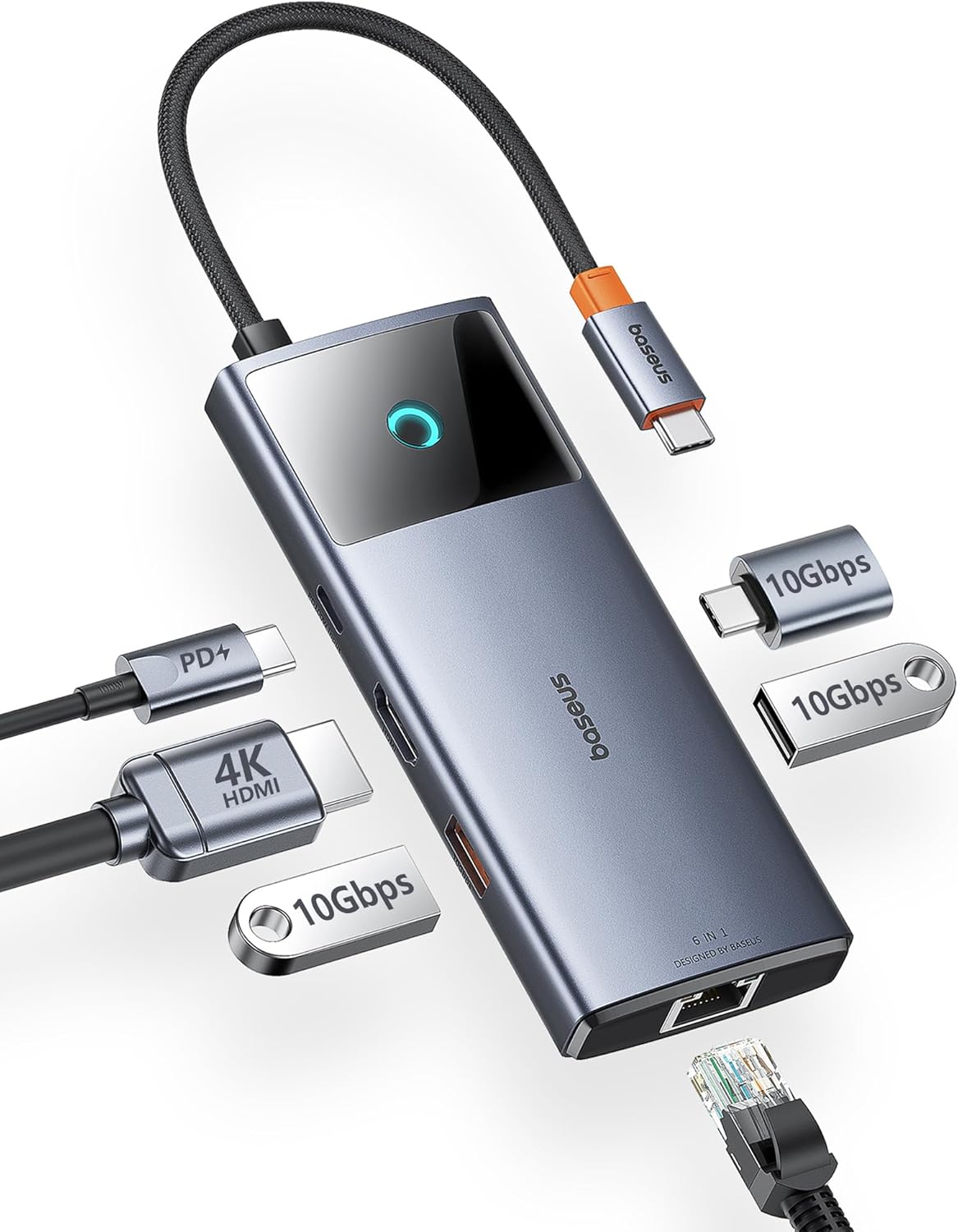 Baseus 6-in-1 USB C Hub Docking Station – 10Gbps USB-A/C, 4K@60Hz HDMI, Gigabit Ethernet, 100W PD, Screen-Off Button for MacBook, iPhone 15, Steam Deck, Dell, HP, iPad & More